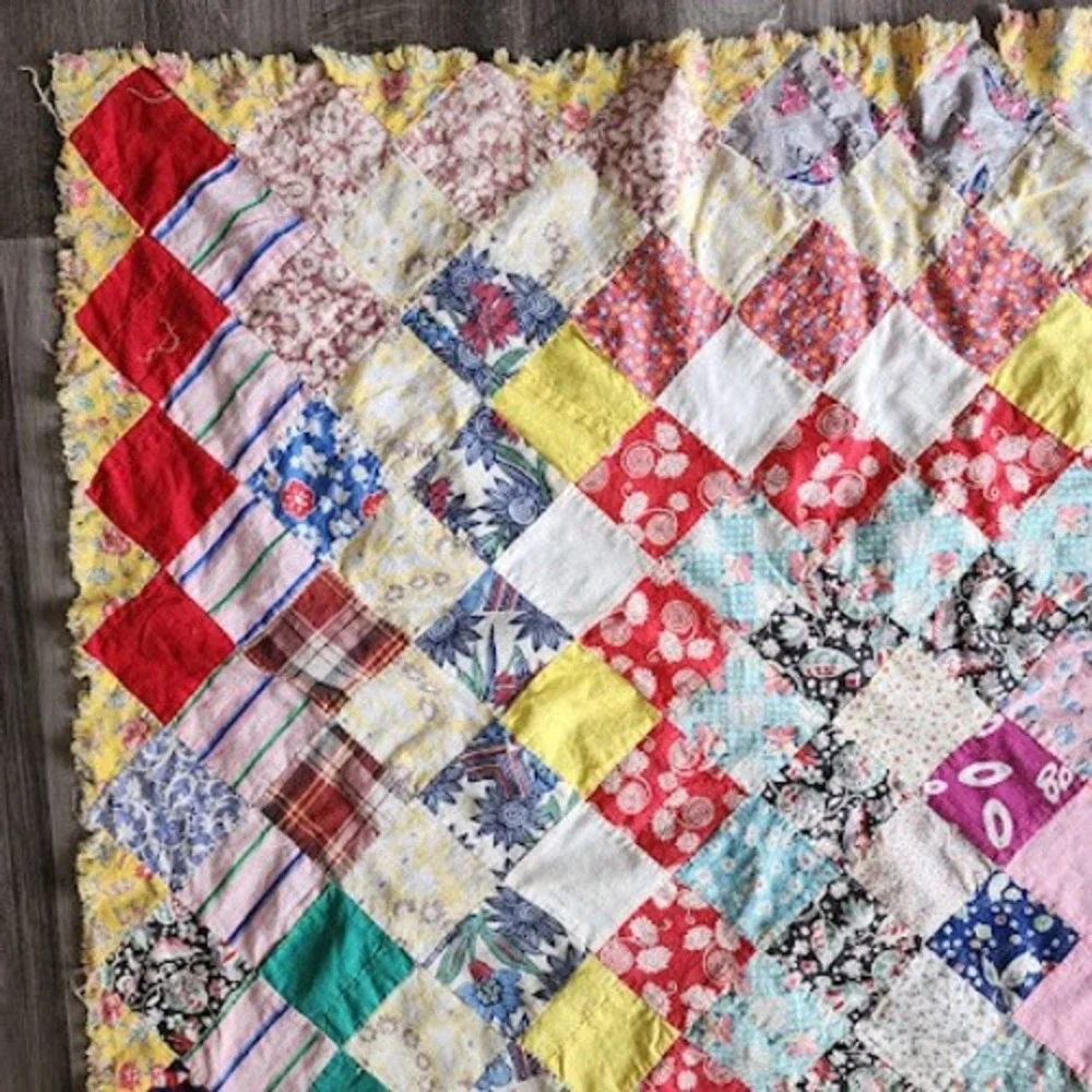 1940s Trip Around World Quilt Top Only Feedsack Patchwork 65x73 Scrap